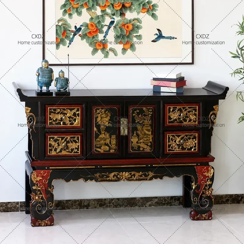 Ming Qing Neoclassical Solid Wood Carved Flower Warping Head Case Chinese Retro Hand Painted Gold Storage Entrance Hall