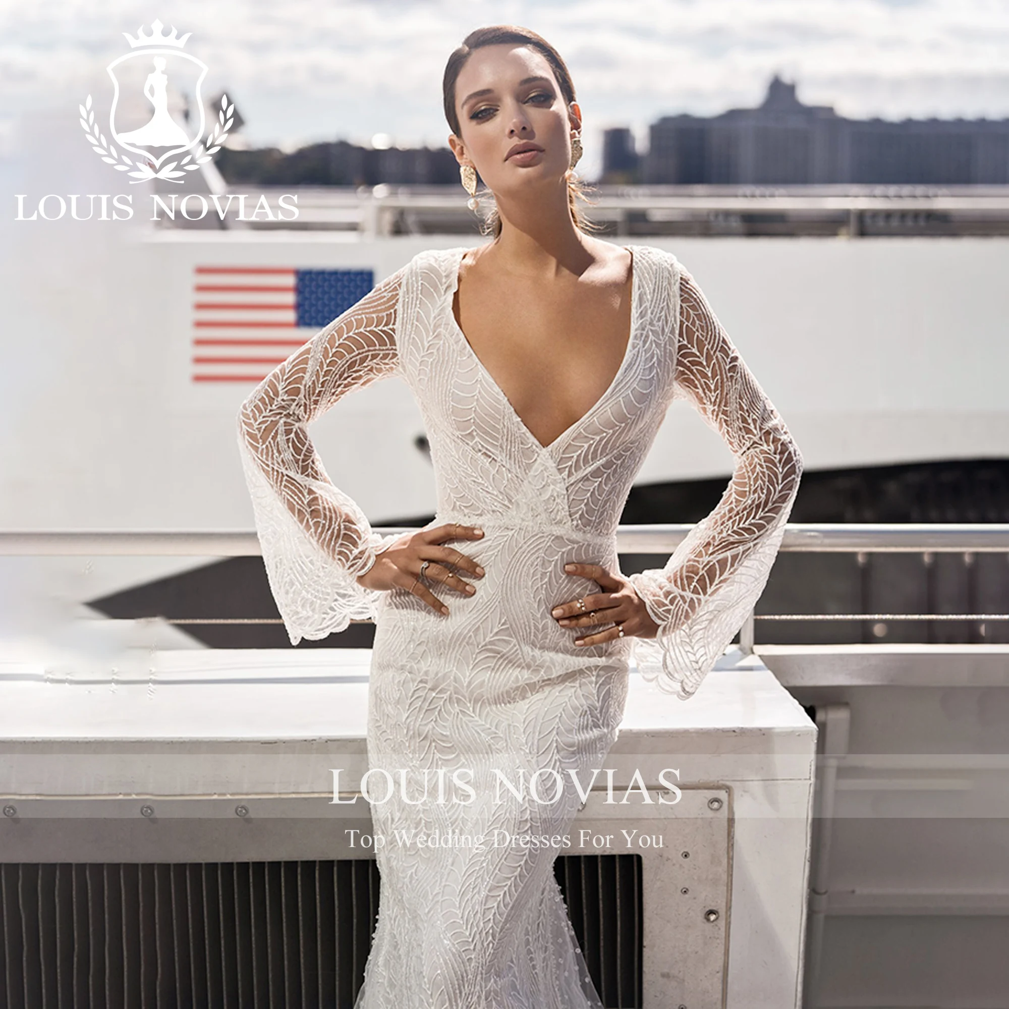 Louis novias ชุดเดรสแต่งงานทรงนางเงือกแขนบาน2023คอวีกึ่งแบบบางโปร่งใสชุดเจ้าสาวระดับไฮเอนด์