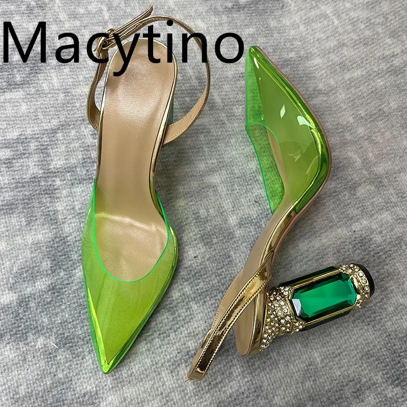 2024 Catwalk Rhinestone Gemstone Heel Buckle High Heels Thick Pumps Wedding Shoes lady Sandals Male Large Size