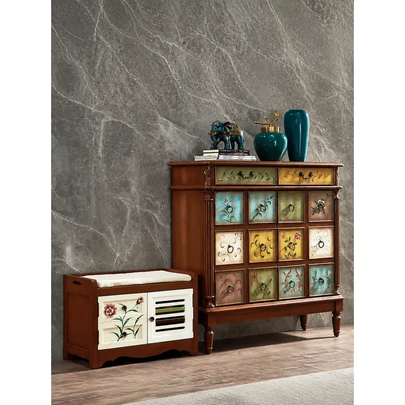 Retro Painted Shoe Cabinet with Changing Stool Large Capacity Shoe Rack Adjustable Baffle Storage Furniture for Entryway