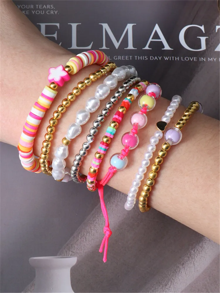 HI MAN-Bohemian Style Mix Colors Creative Baroque Pearl Glass Bead String Bracelets Friendship Gifts Fashion Jewelry 8 Pcs/Set