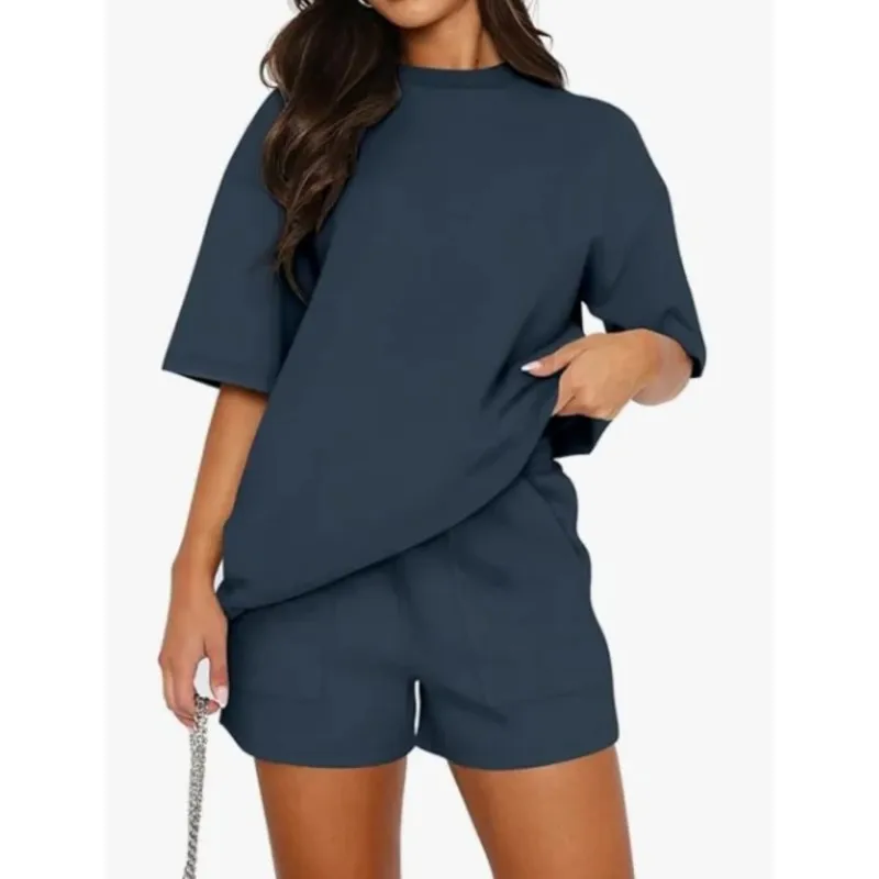夏カジュアルルーズセットファッション固体 O ネック半袖トップス + ショーツ 2 点セット女性のためのスポーツ服新しい衣装