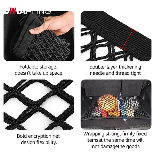 Imagen 2 del producto Organizador Universal de maletero de coche, red de carga elástica, almacenamiento de malla de nailon resistente para SUV, sedán, viaje, Camping, accesorios de almacenamiento