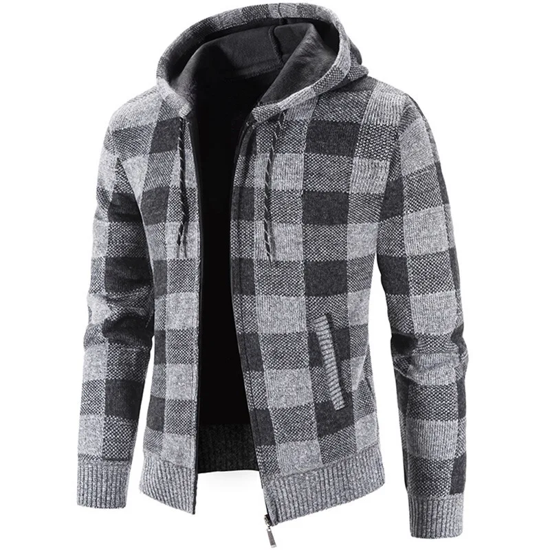 

Men's Fce Lined Thiened Zipper Hooded Knitted Jaet Plaid Casual Wear Polyester Fiber Long Sve Collar hine W...