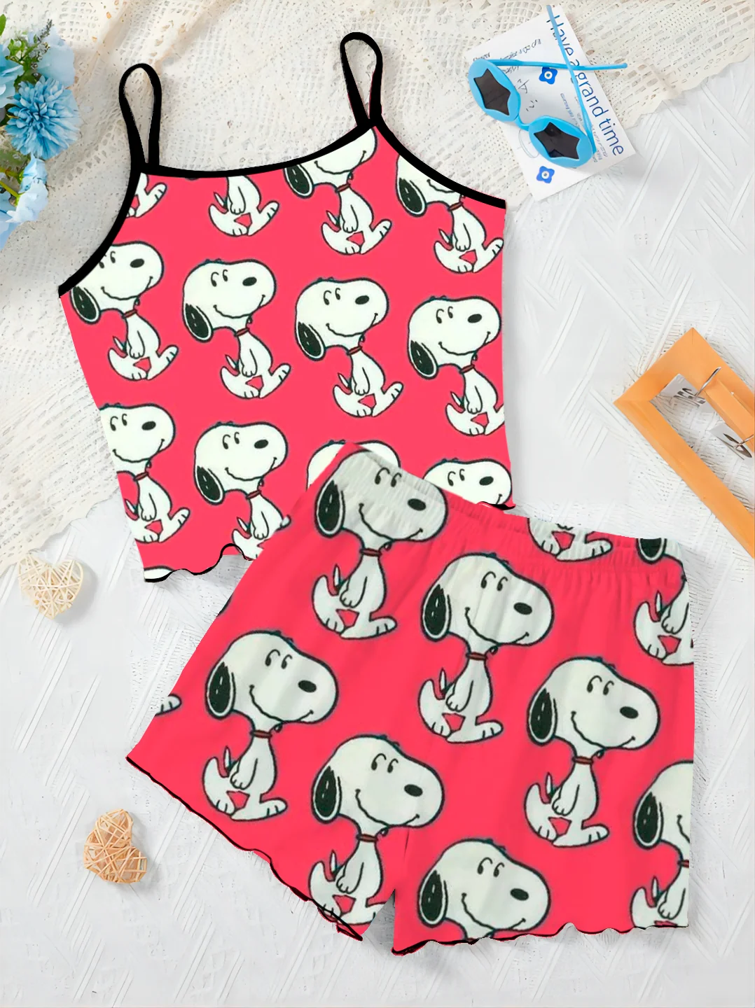 Disney Slip Dress Krótkie zestawy dla kobiet 2-częściowy zestaw dwuczęściowy Snoopy Damski garnitur T-shirt Top Elegancki dół Disney Home Dress