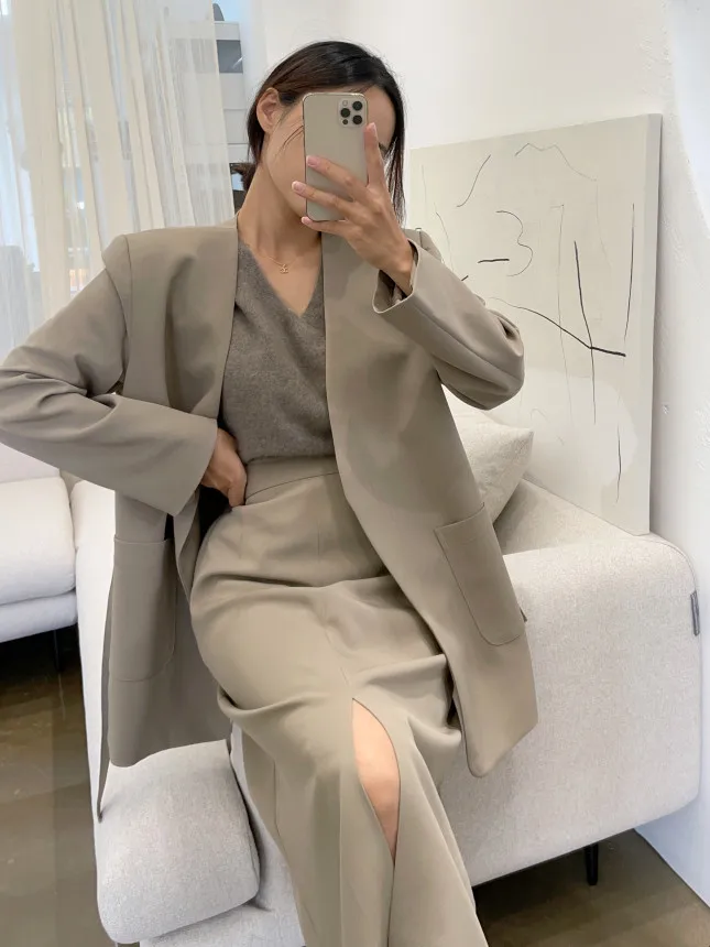 Chic V-Ne Loose Belted Suit Jaet And High Waist Split  Skirt Women's Faion Set Autumn 2025 Trendy Workwear Ensemble