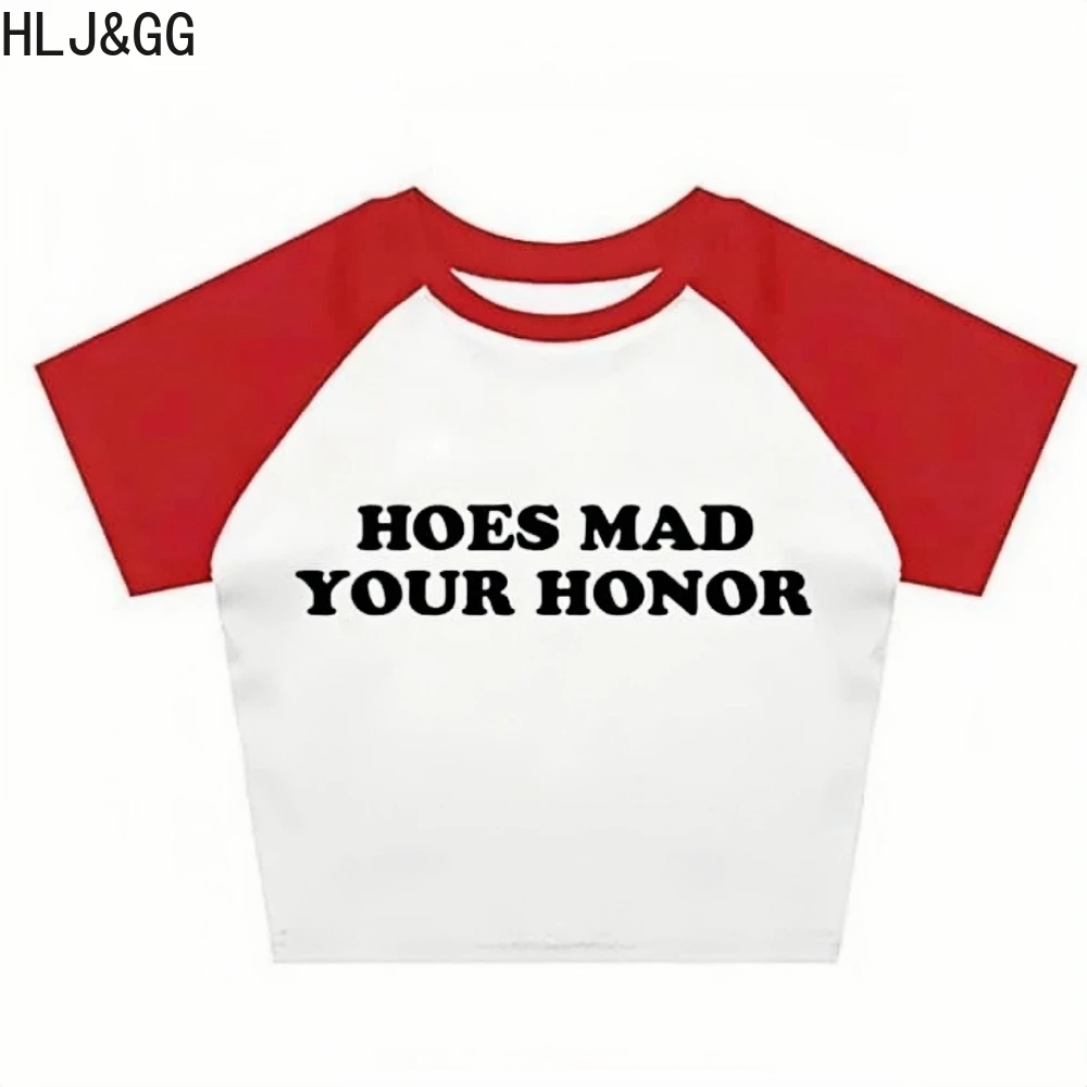 HLJ&GG Fashion Y2K Letter Printing Crop Top Dwuczęściowe zestawy damskie Okrągły dekolt Koszulki z krótkim rękawem i spodnie w panterkę Stroje 2025 — zdjęcie 7