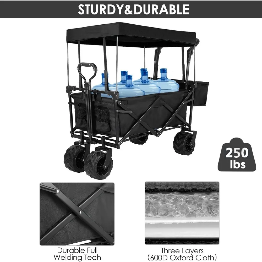 Garden Carts, Extra Large Collapsible Wagon W/Removable Canopy, 250lbs Foldable Garden Cart W/Rear Storage, Garden Carts