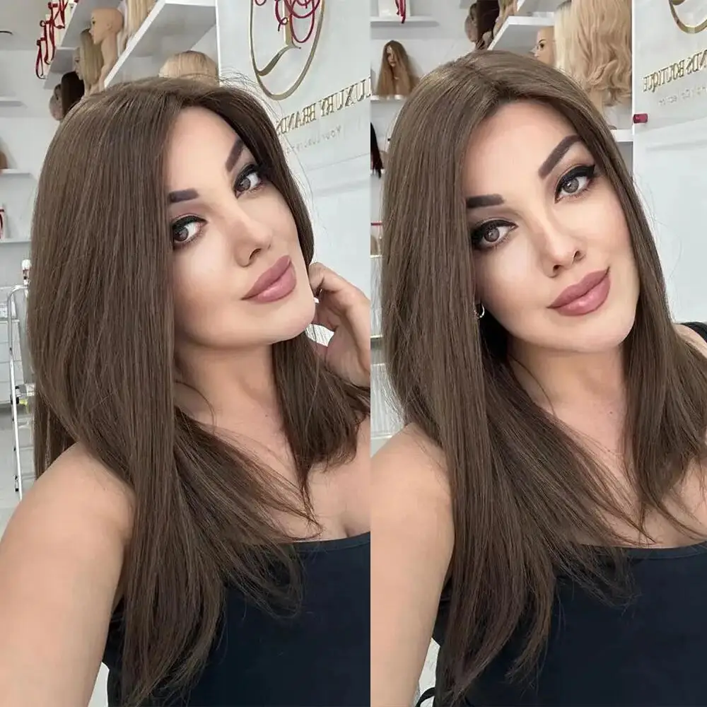 شعر بشري يهودي ناعم طويل مستقيم بني 5x5 بدون صمغ مع شعر أطفال دانتيل عالي الدقة شعر أوروبي منزوع مسبقًا #1