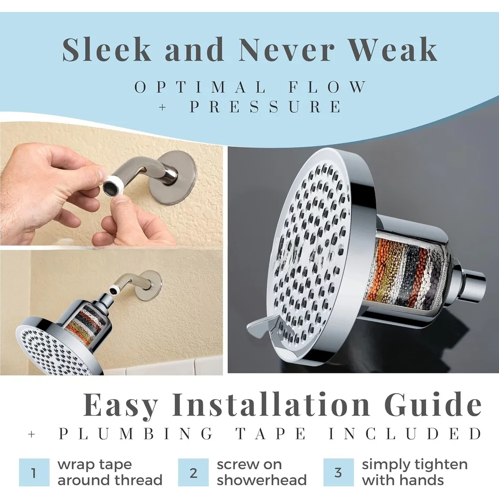 6 Inch Shower Head with 25 Stage Filter Cartridge Compatibility 7 Spray Modes High Pressure Flow for Residential Bathrooms