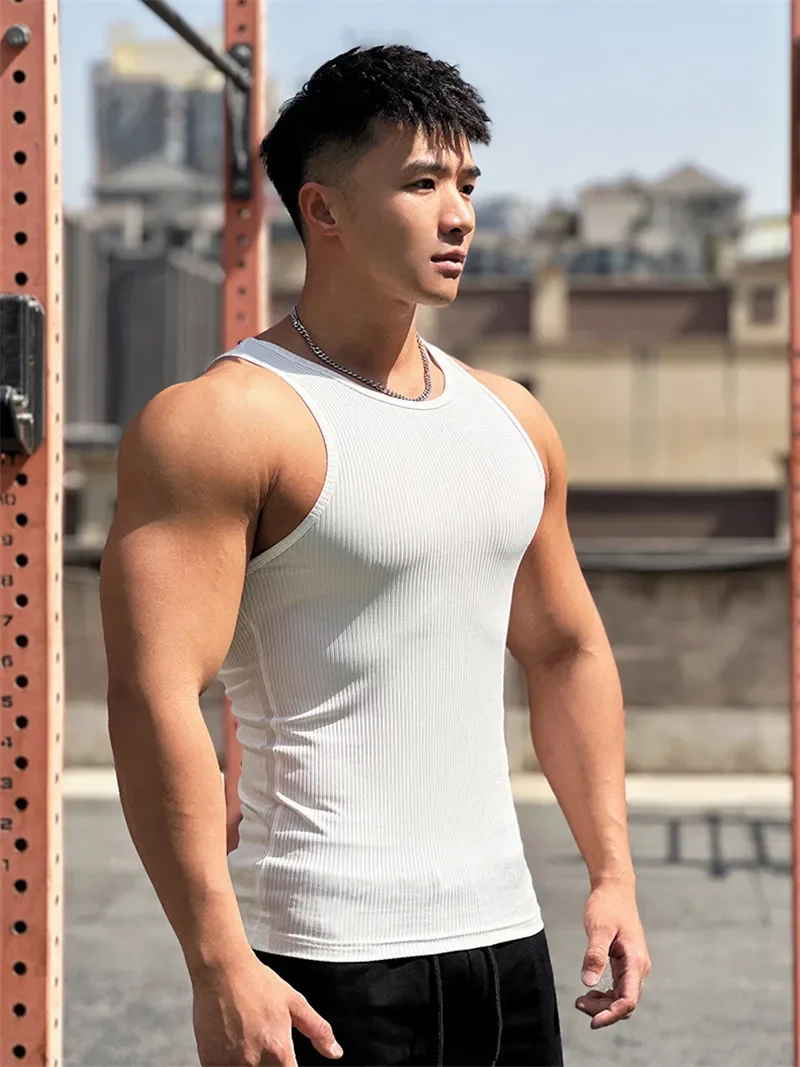 Men\'s vest Elasticity stripe Round Neck Oversized Sleeveless T-Shirt Gym Sports Fitness Running Training Bodybuilding Tank Top