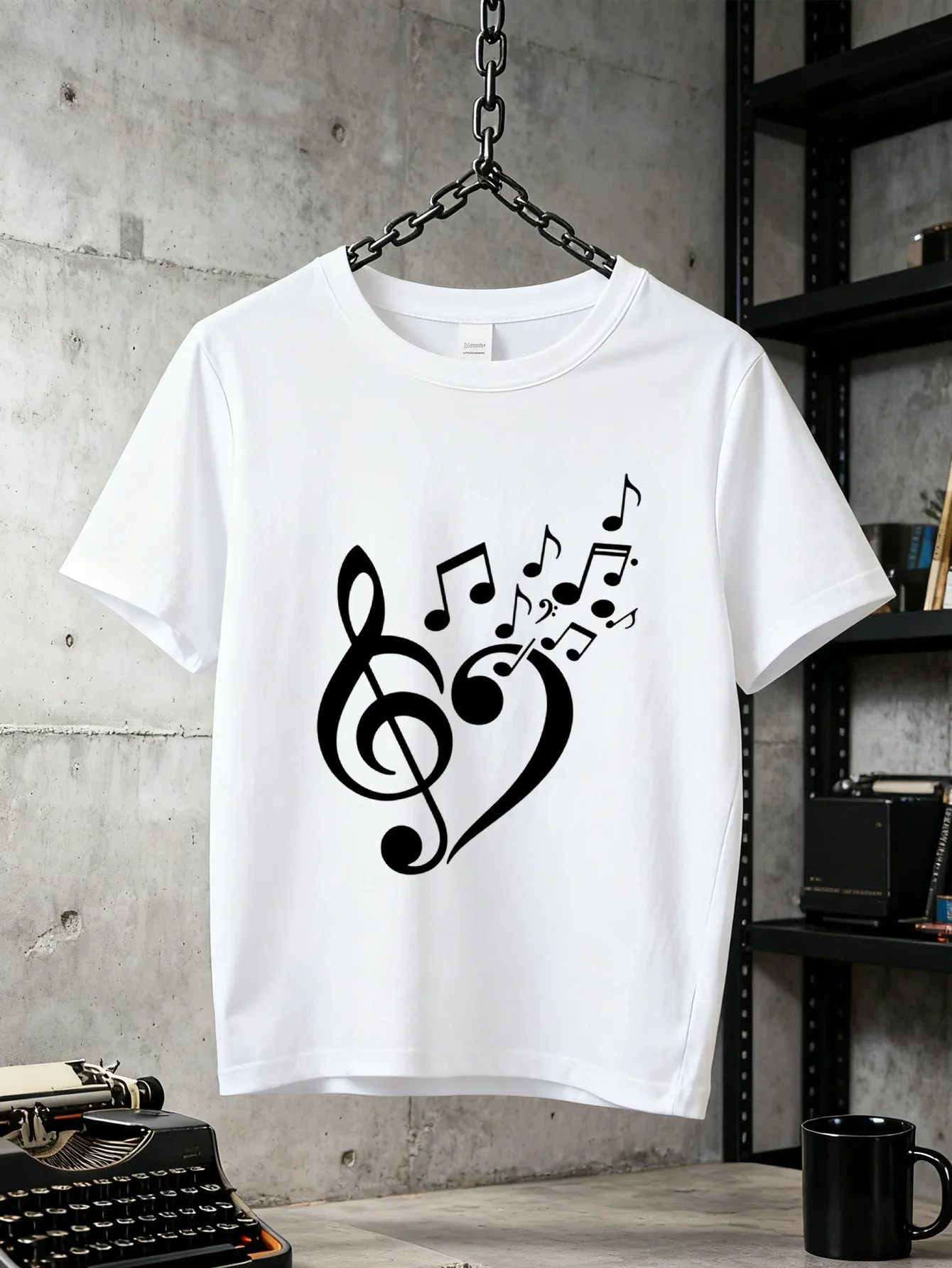Black Line Art Heart Shaped G Clef And Musical Symbols Graphic Red Short Sleeve Top Music Enthusiast Casual Tee