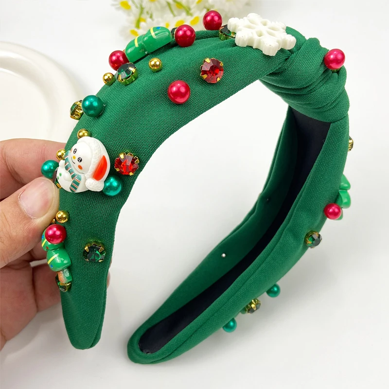 ที่คาดผมคริสต์มาสสำหรับผู้หญิง 1 ชิ้น ลายเกล็ดหิมะสีแดงและเขียว ประดับมุกและเพชร ขอบกว้าง ดีไซน์หรู