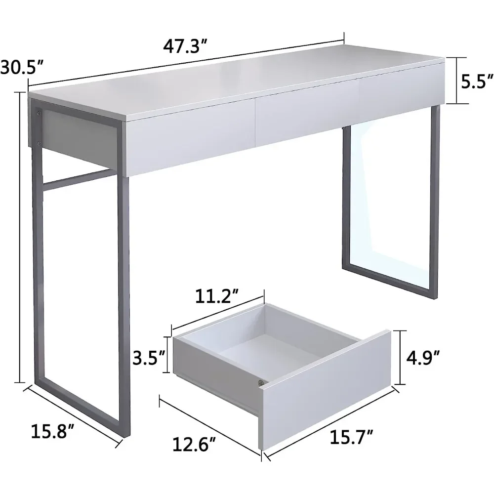 Usinso Writing Computer Desk, 47 Inch Modern Study Table with 3 Drawers, Makeup Vanity Console Table for Bedroom, Office, White