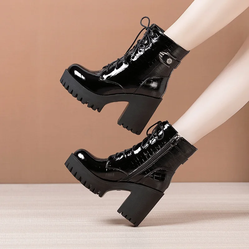 Autumn Winter Women Boots Platform High Heel Shoes Patent Leather Plush Buckle Lace Zipper Ladies Mid Calf Motorcycle Boots32-43