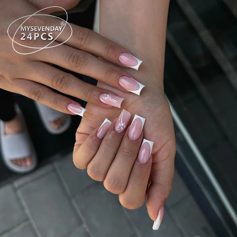 

Wearing nail customization medium square French white edge nail art piece 24 pieces fireworks graffiti fake nail sticker glue