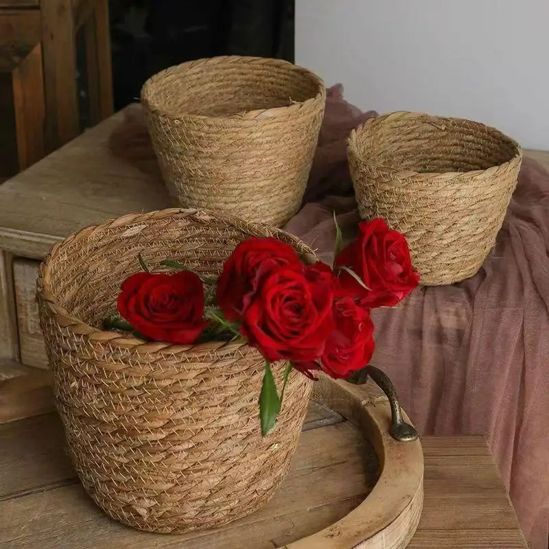Garden Terraces Straw Grass Woven Planter Basket Rattan Flower Pot for Classic Rustic Balcony Indoor Greenery