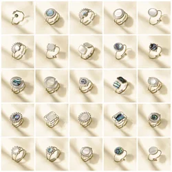 Vintage Round Oval Square Natural Abalone Shell Ring Stainless Steel Open Adjustable Finger Rings Jewelry Gifts For Women Girls