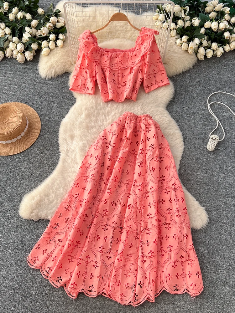 

Elegant Lace Hollow out Fashion Two Piece Set Women's Summer High End Feel Lotus Personality Set Absolutely Beautiful