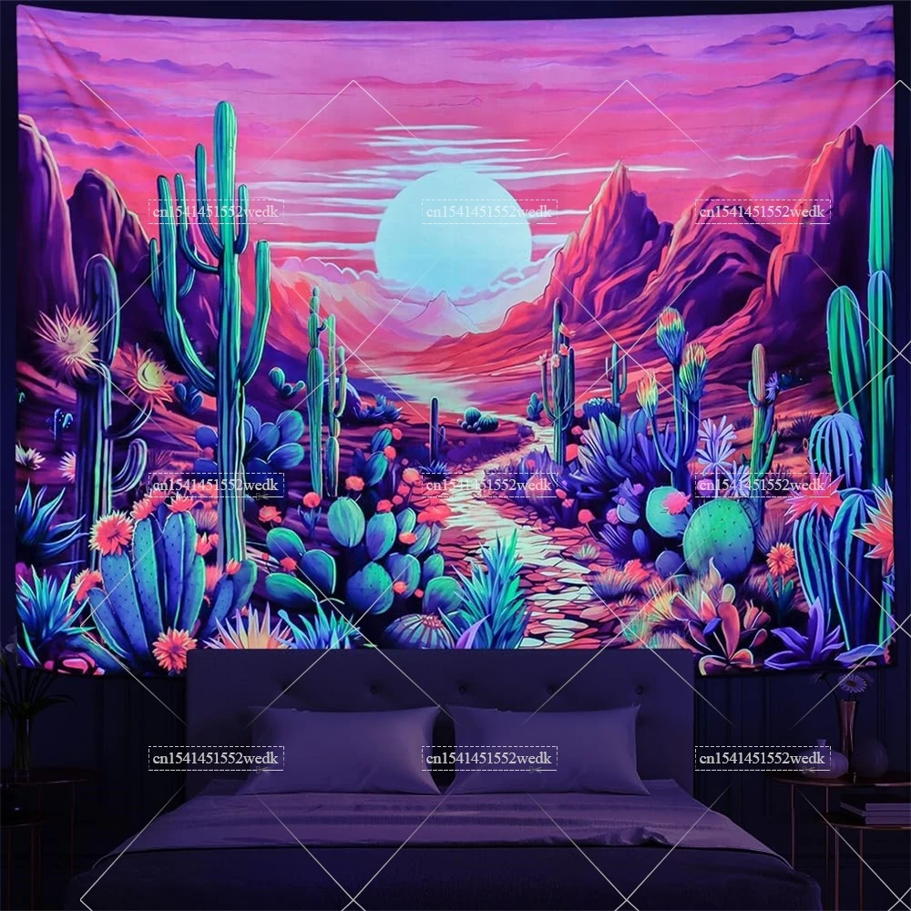 Blacklight Desert Cactus Tapestry UV Reactive Neon Sun Mountain Black Light Tapestry Glow In The Dark Wall Decor Party Backdrops