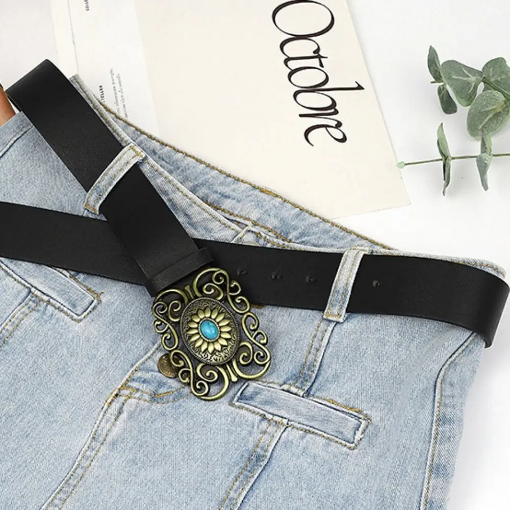 

Retro Metal Buckle PU Leather Belt Beaded Blue Stone Wide Side Waist Belt Simple Ethnic style Korean Style Waistband All-match