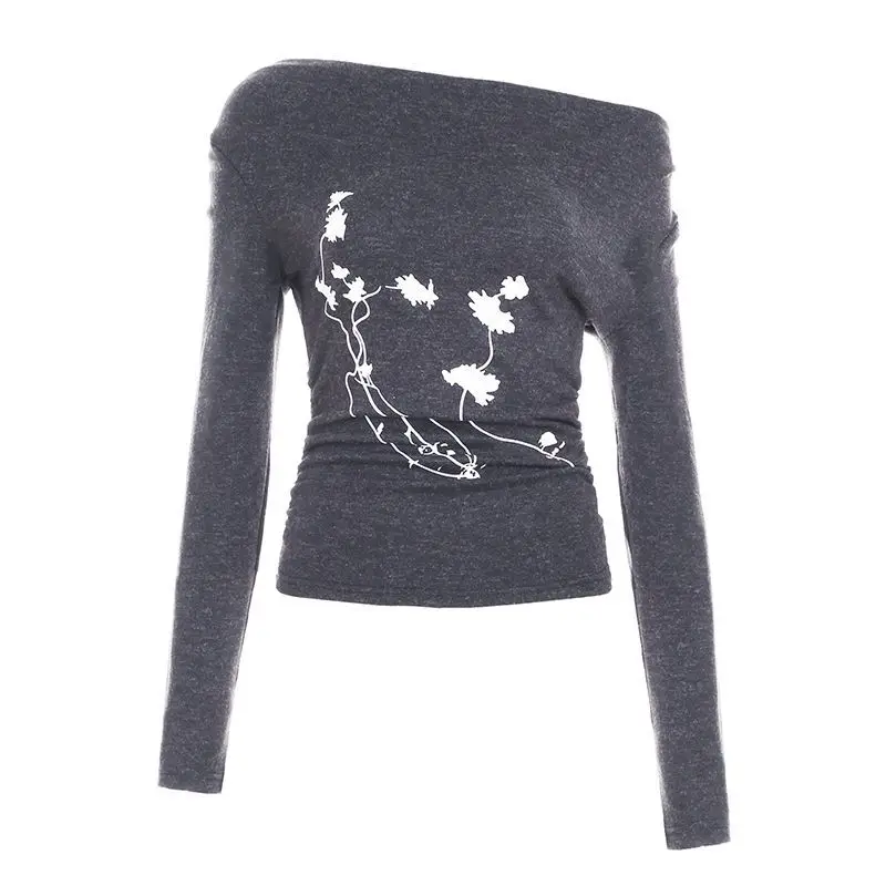 

Kimotimo Vintage Graphic Print Off Shoulder Long Sleeve T-shirt Women Autumn Temperament Folds Slim Fit Waist Versatile Y2k Tops