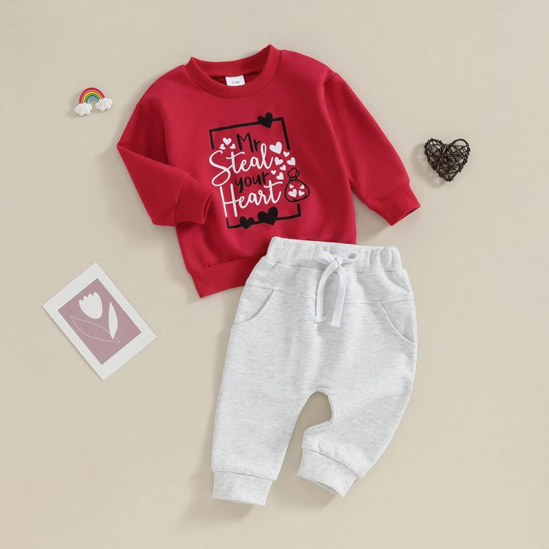 Toddler Baby Boy Girl Valentines Day Outfit Mr Steal Your Heart Long Sleeve Sweatshirt Pullover Pants Clothes Set