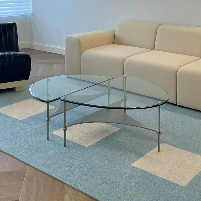 Stainless steel table minimalist coffee table combination tempered glass light luxury high-end living room oval coffee table