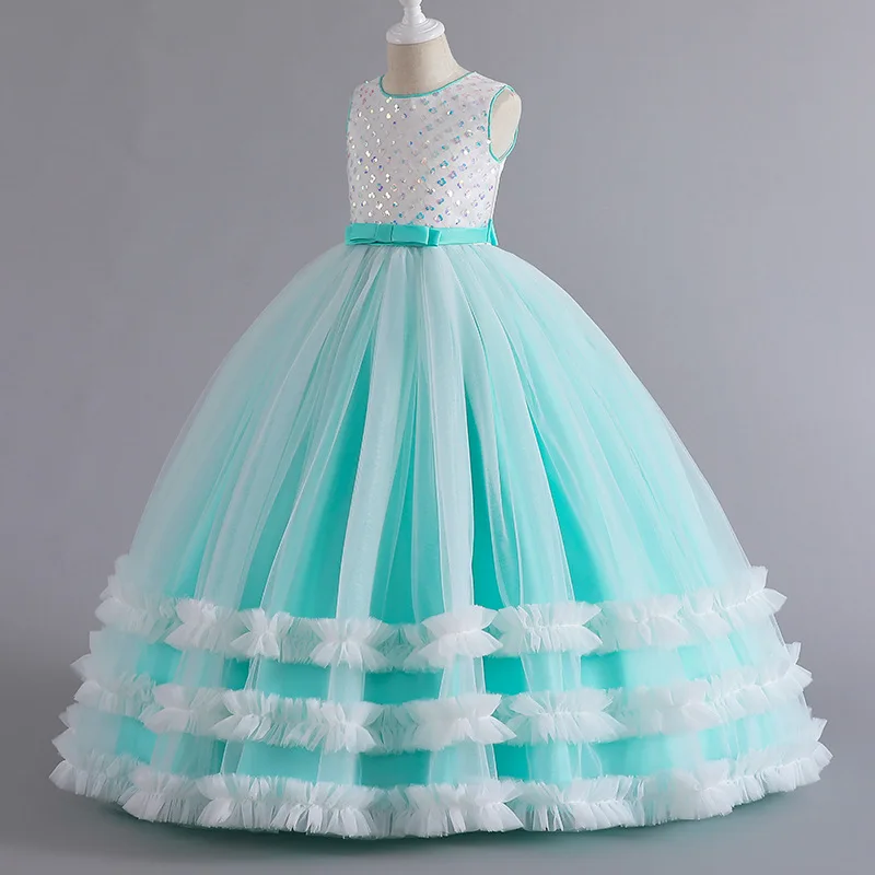 Kids Girls Party Wedding Spanish Luxury Princess Dresses 8 12 To 14 Years Old Children Green Long Tulle Sequin Plus Size Clothes