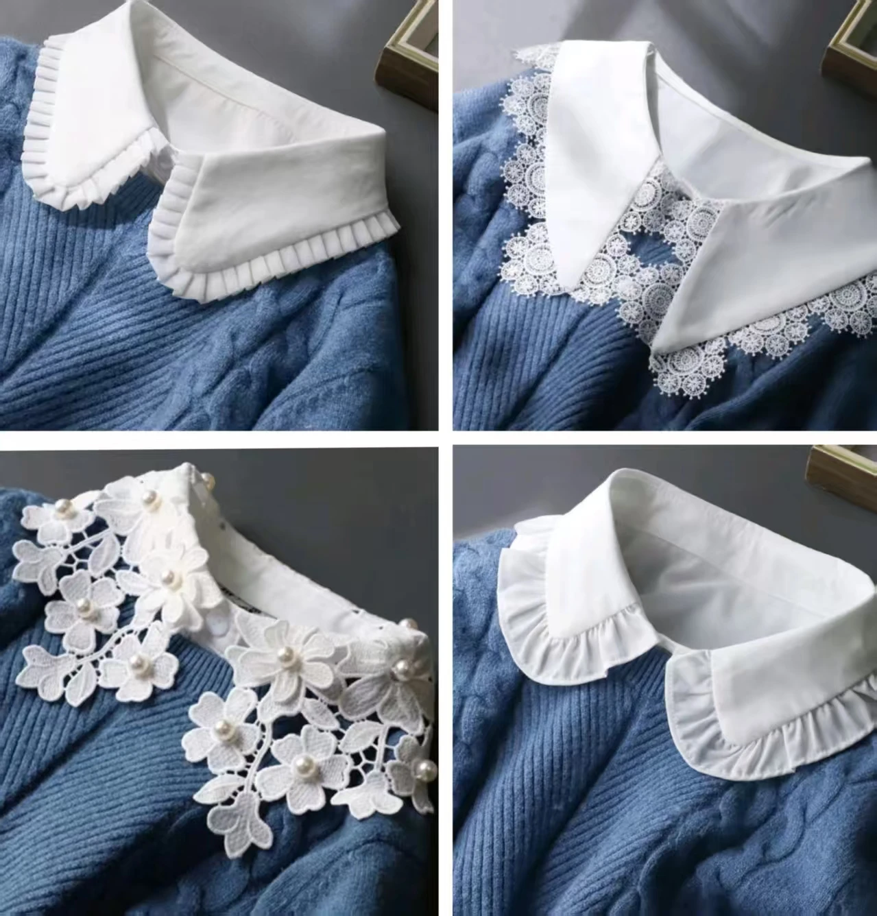 Women's Solid Colour Black White Vertical Small Flip Collar Versatile Shirt Jumper Jumper Fashion Lace False Collar Four Seasons