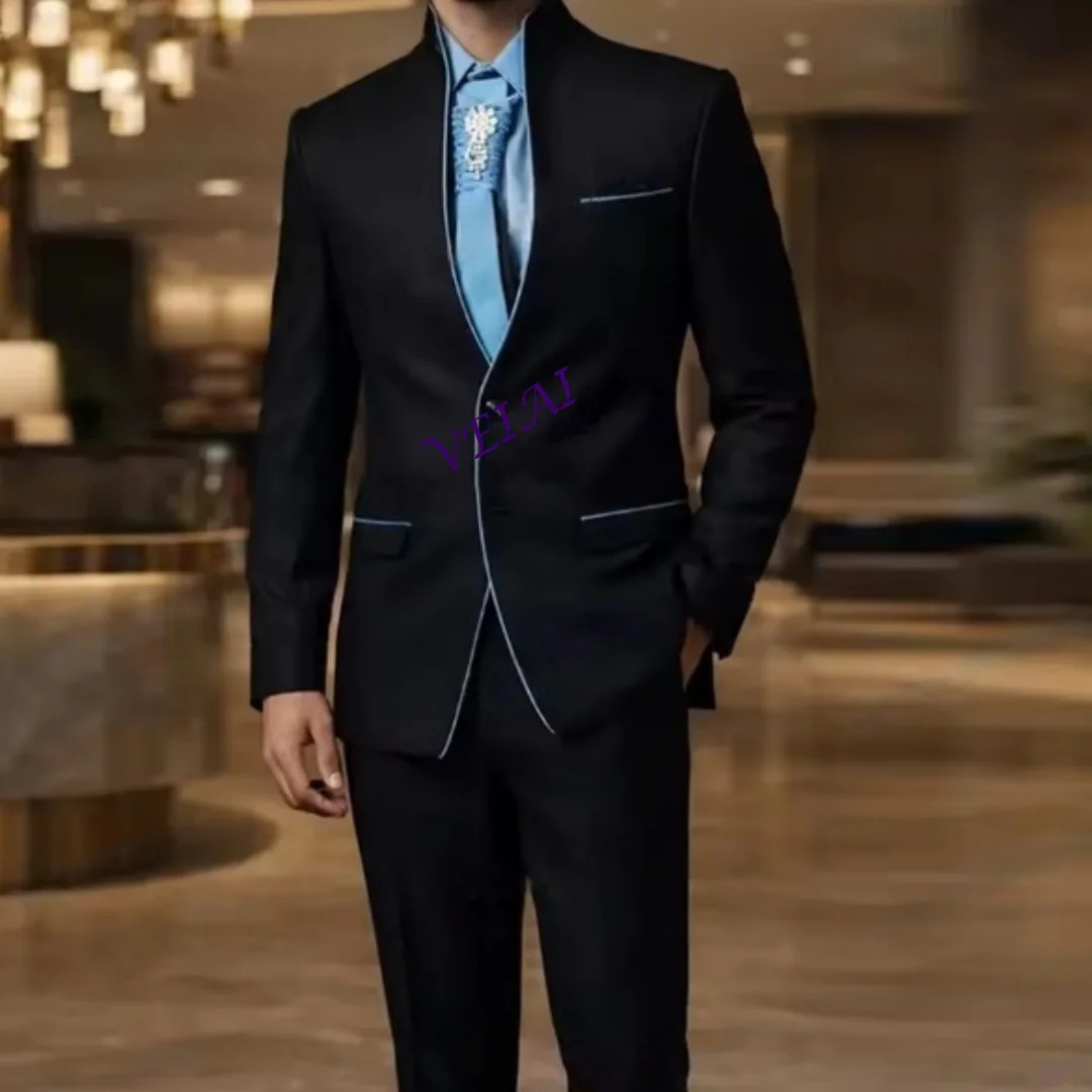 

CustomizedNew Black And Blue Men Suit Formal Groom Groomsman Wedding Party Prom Male Business Tuxedos 2 Piece Set Blazer Pants