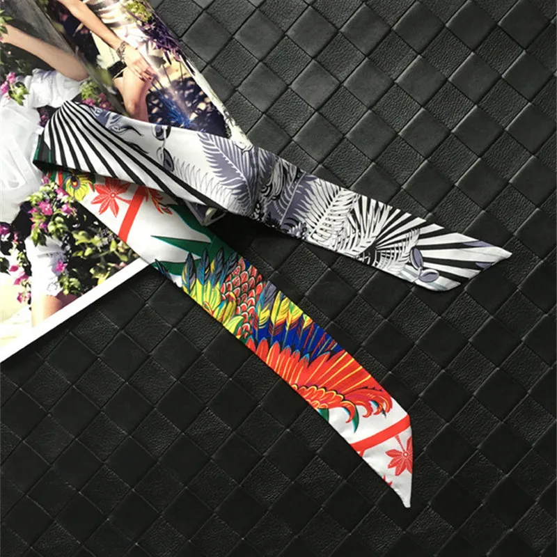 MENGLINXI Bag Ribbon Sacrf 2024 New Brand Women Small Silk Scarf Feather Print Headband Handle Bag Ribbon Fashion Long Scarves