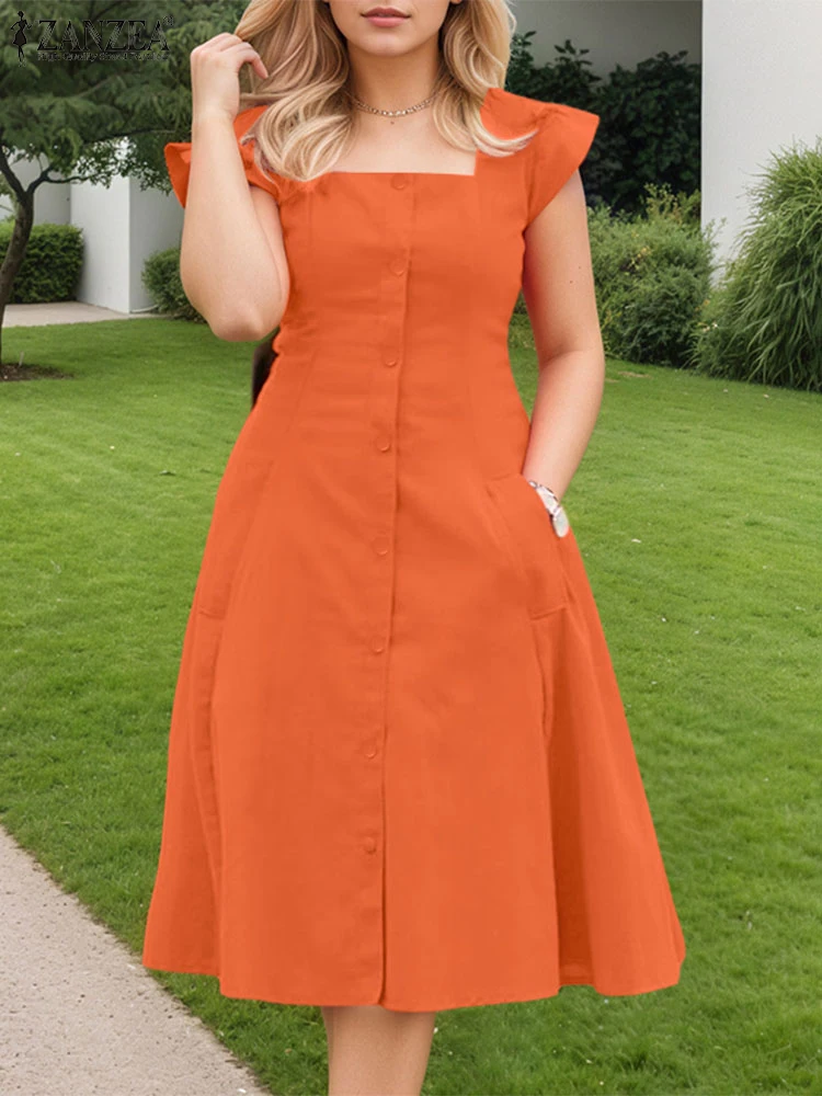 

ZANZEA Womens Vacation Fashion Midi Dresses Elegant Square Neck Cap Sleeve Fitted Waist A-line Robes Femme Summer Solid Sundress
