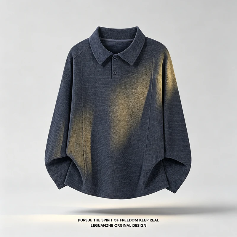 Herren-Poloshirt mit strukturierter Oberfläche, langen Ärmeln, Reverskragen, lockerer, übergroßer Passform, lässig, für den täglichen Gebrauch, einfarbig, modische Oberteile für Herren. – Detail 5