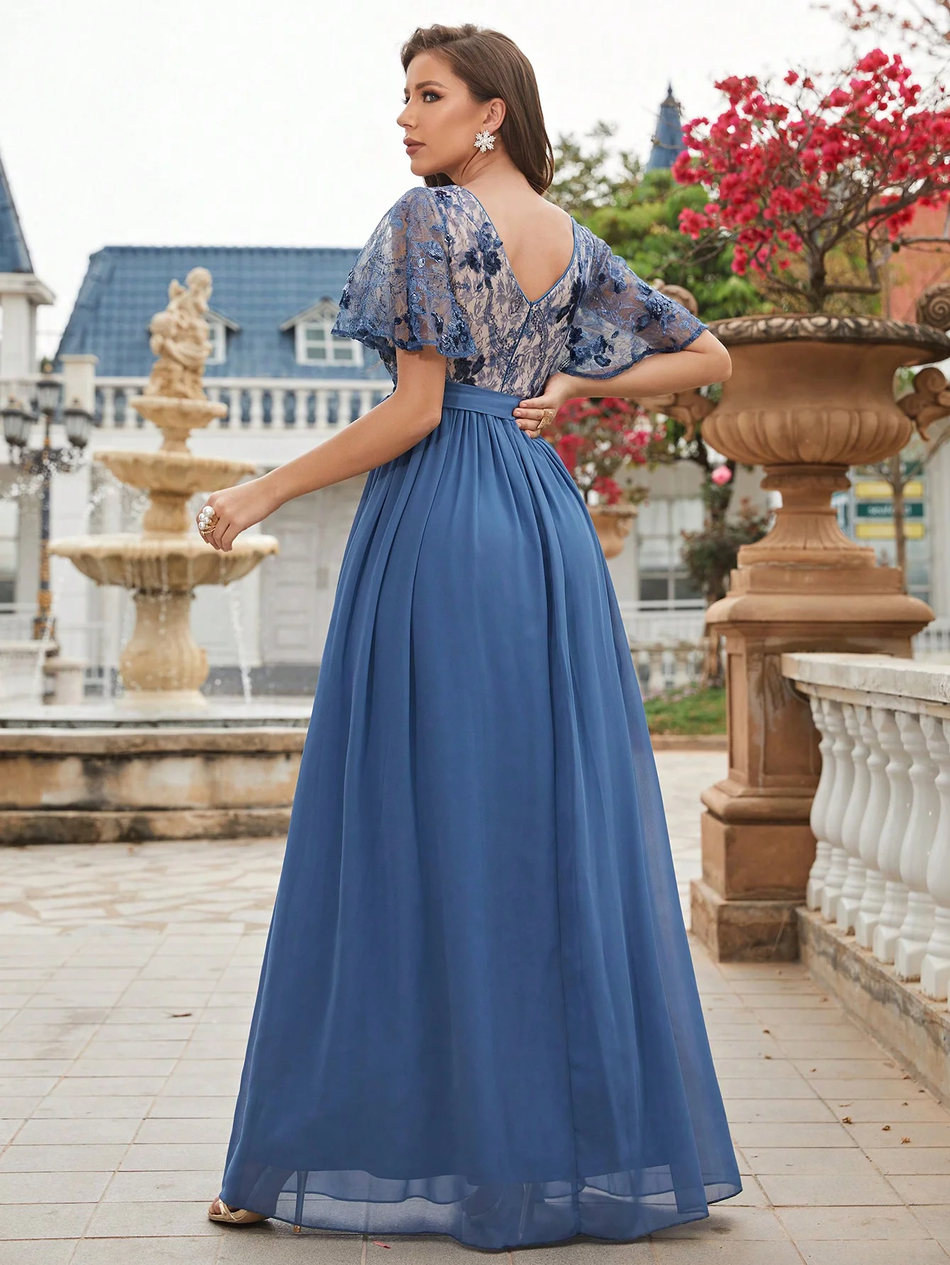 Unithorse Contrast Sequin Belted Chiffon Maxi Bridesmaid Dress