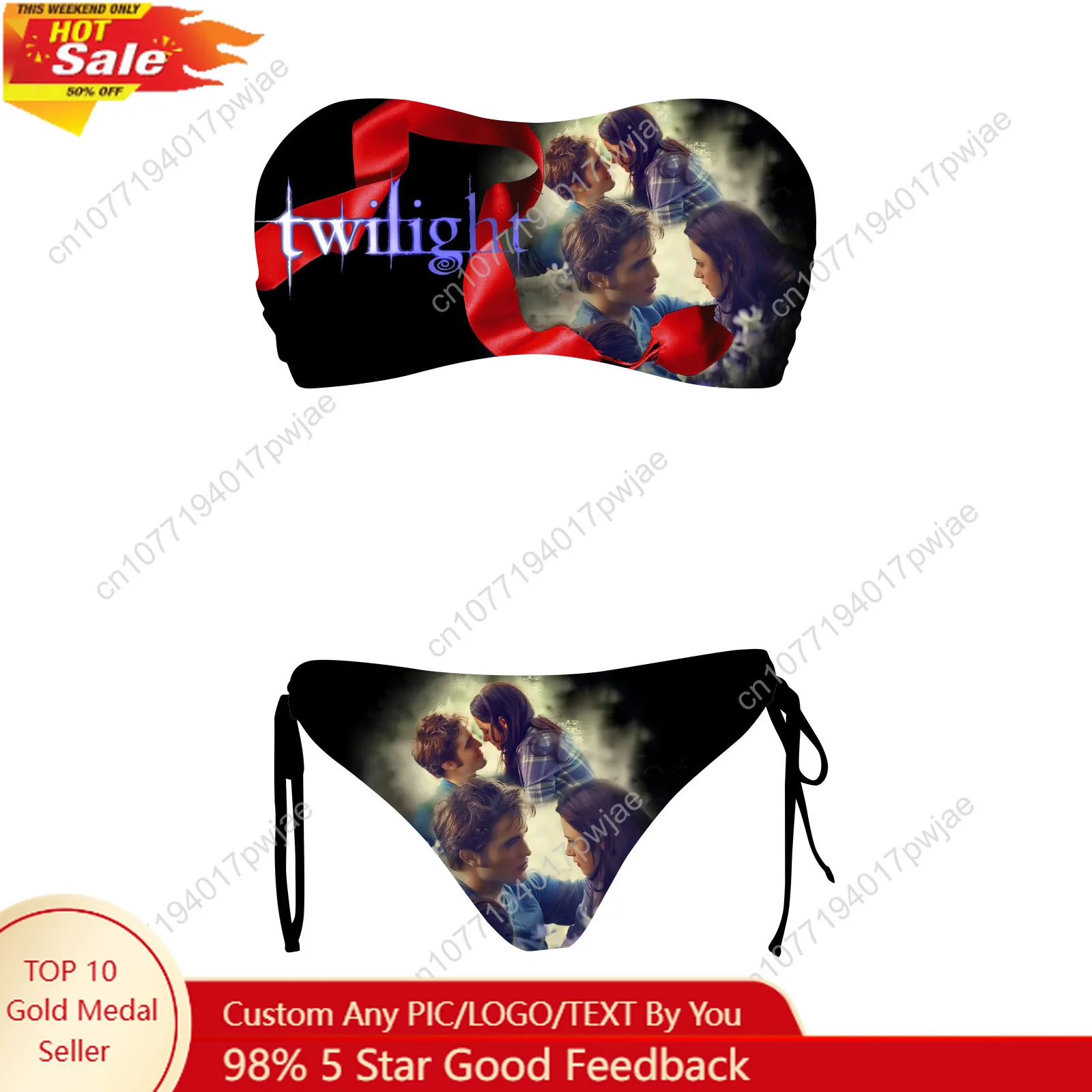 

Twilight Movie Edward Bella Custom Swimsuit Womens Drawstring Two Piece Set Bathing Suits Swimwear Pool Beach Bikini Beachwear