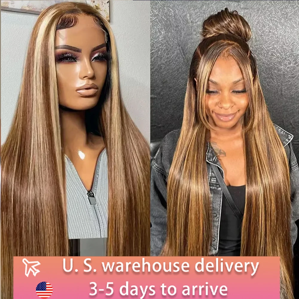 4/27 Highlight Straight Lace Front Human Hair 13x4 Honey Blonde Colored Wigs For Women 4/27 13x6 HD Lace Frontal Wigs 180%