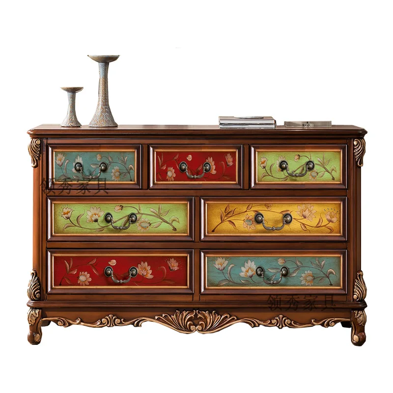 

American rural retro solid wood chest storage cabinet light luxury bedroom European chest of drawers secret cabinet living room