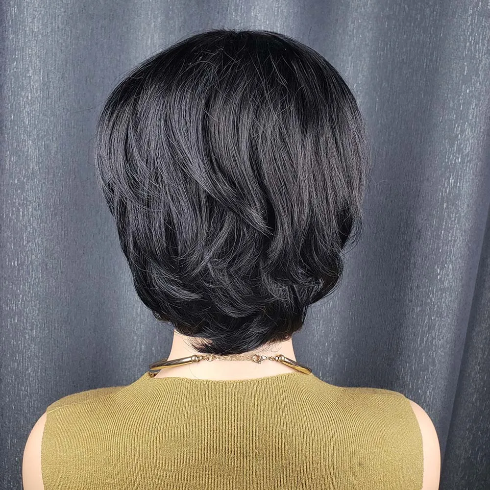 شعر مستعار بقص عابث للنساء بطبقات من شعر بشري مفرود بقص عابث مصنوع آليًا مع غرة بلون طبيعي داكن