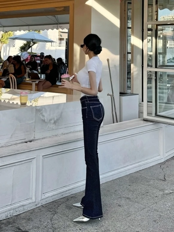 East Gate Guseins New Style Slim Fit Color Block Stitching Micro Flared Floor Length Pants Women High Waist Cotton Stretch Denim