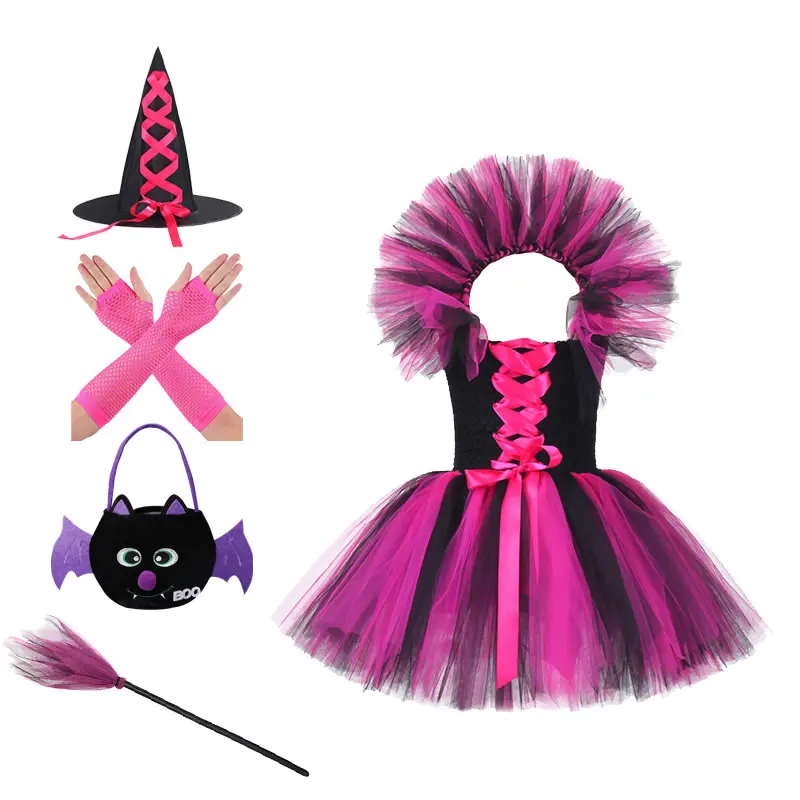 

Halloween Witch Costume For Baby Girl Lace TUTU Dress Festive Kid Up Sling Frock+Hat+Gloves+Bag+Broom 5pc Set Cloth