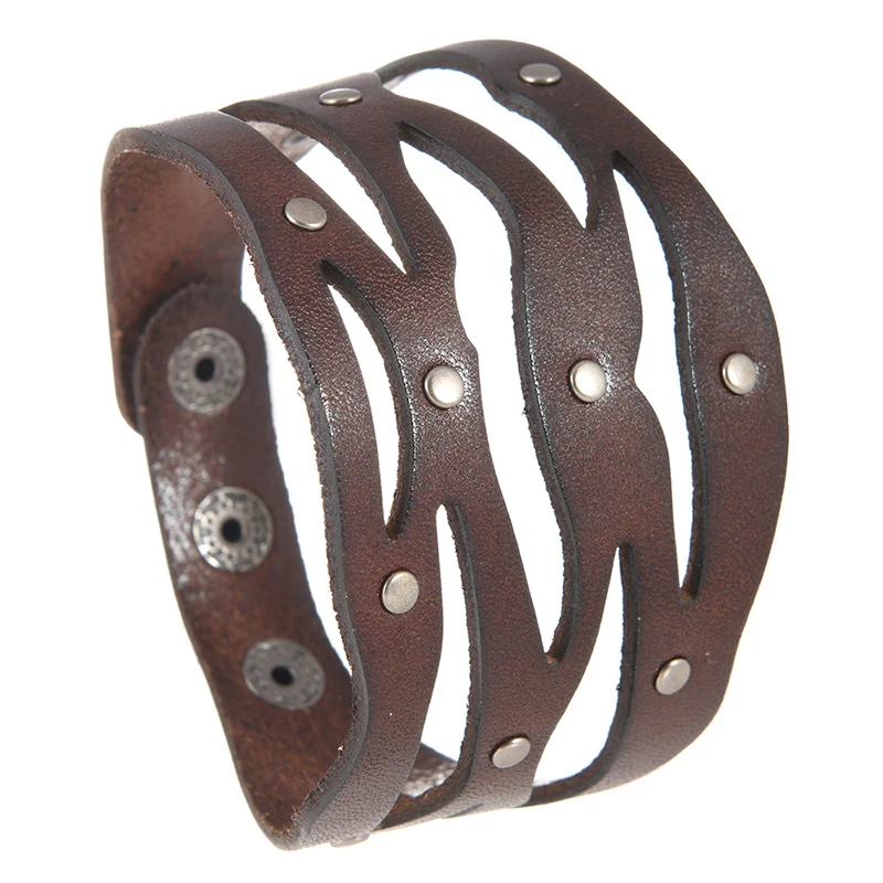 Men's Hip Hop Punk Adjustable Wide Cowhide Leather Hollow-Out Bracelet