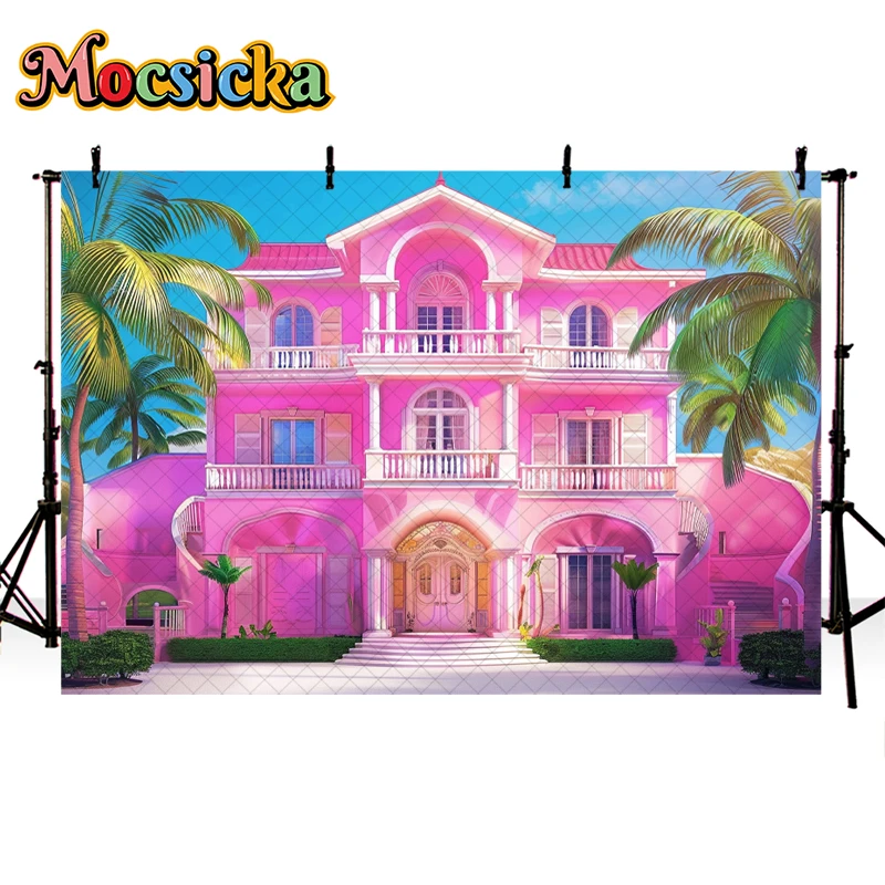 Mocsicka Photography Background Summer Pink Beach House Palm Tree Decor Baby Shower Kids Birthday Portrait Backdrop Photo Studio