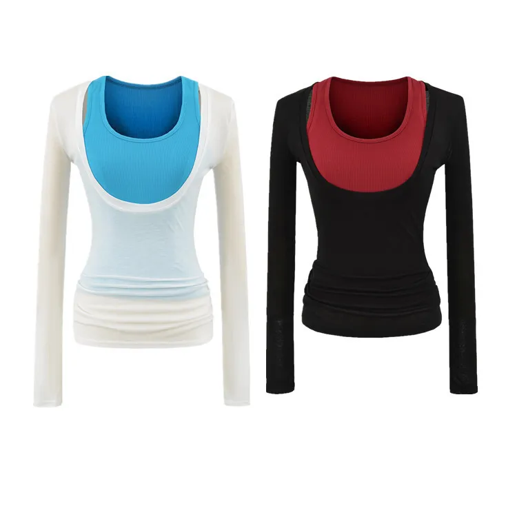 Free Style Sexy Narrow Shoulder Tank Top Large U-Neck Slightly Transparent Slim Waist Slimming Long Sleeved Top Color-Block ZB2Q