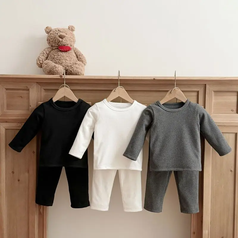 Autumn Winter New Kids 2Pcs Outfit Solid Simple Dralon Thermal Base Layer Set Boys Girls Home Loungewear