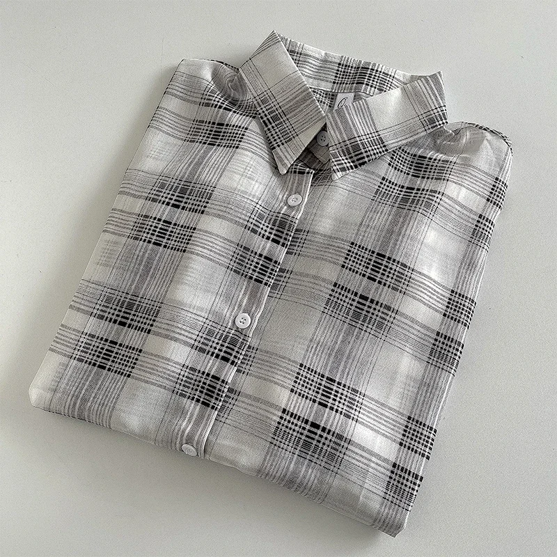 เสื้อเชิ้ตลายสก็อตผู้หญิง ผ้าชีฟองบาง แขนยาว ปกคอปก ติดกระดุม เสื้อทรงหลวมบางเบาสำหรับผู้หญิง