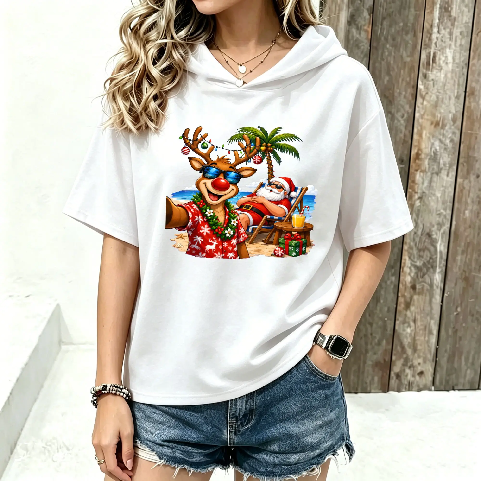 Women Short Sleeve Hooded T‑Shirt Tropical Christmas Santa Reindeer Beach Palm Tree Graphic Print Spring Summer Loose Hoodie Tee Streetwear Casual Short Sleeve Hood Tops