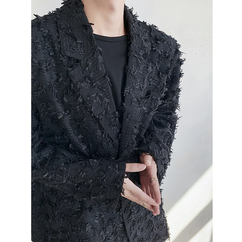 NOYMEI Personality Men's Loose Blazer Black Tailored Collar Single Button Autumn New 2024 Tassel Decorate Coat WA5748