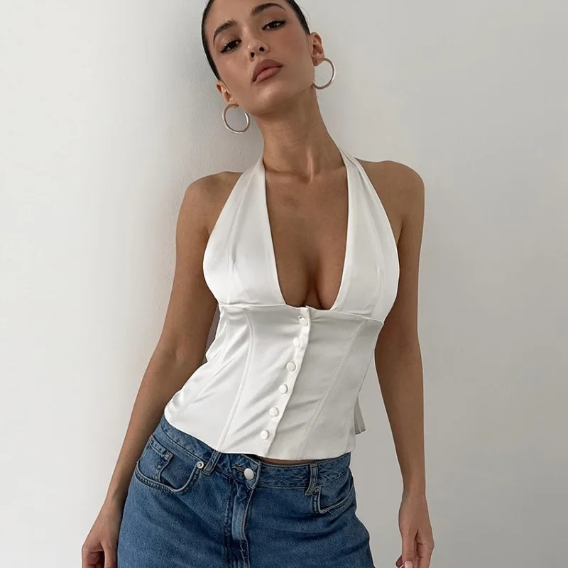 

Tsiisd Fashion Necklace Backless Women's Top Sexy Lace-Up V-Neck Elegant Y2K Party Clubwear Casual Streetwear Women Vest Tank