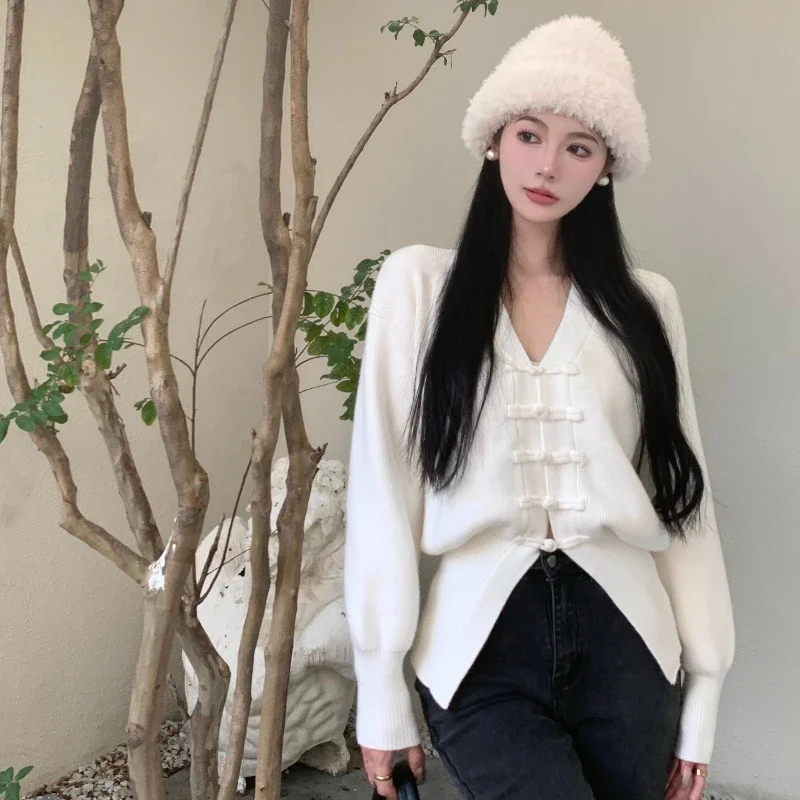 Knitted Jackets Women Design Loose Casual Autumn Winter Streetwear Outwear V-neck Simple Fashion All-match Ulzzang Classic 2024